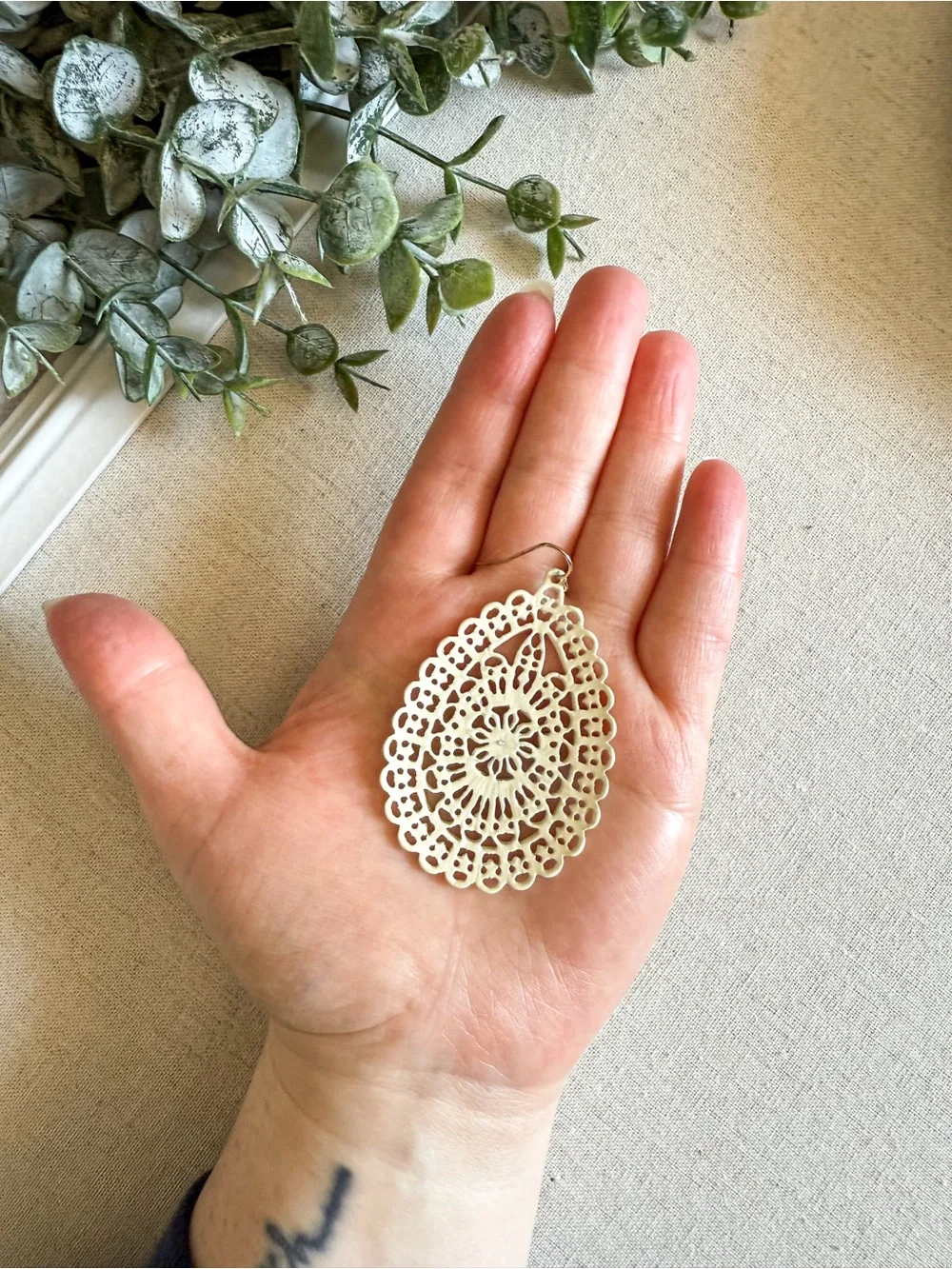 Cream Filigree Teardrop Statement Earrings